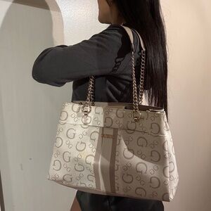 GUESS Beige and Gold Chain Tote